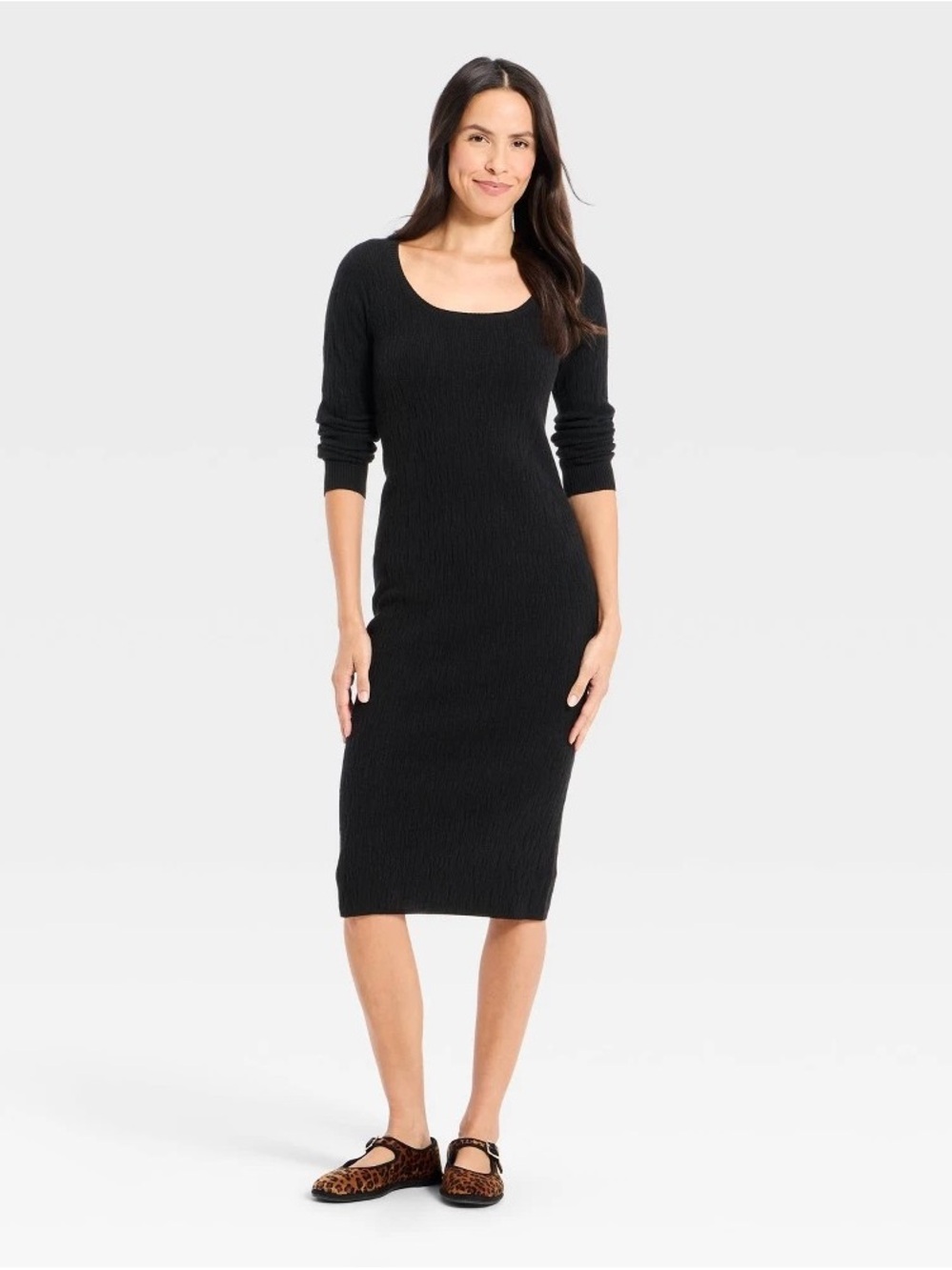 Universal Thread Black Ribbed Scoop Midi Dress with Long Sleeves b186